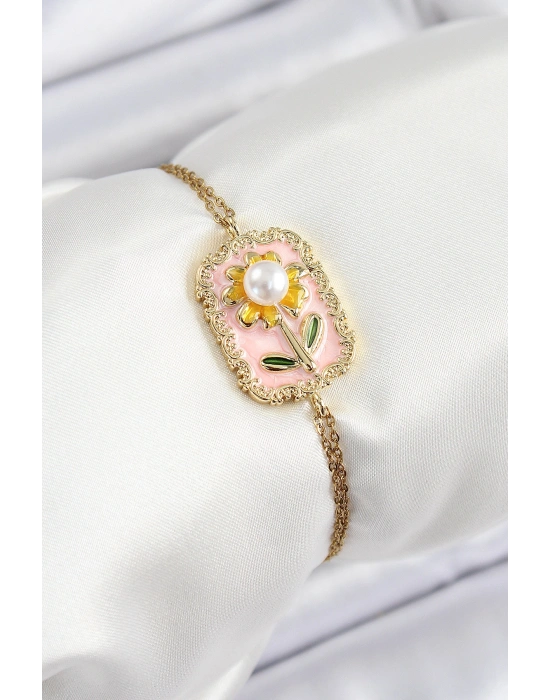 316L Çelik Zincir Pembe Mineli Sanatsal Portre İnci Detaylı Papatya Model Gold Renk Kadın Bileklik