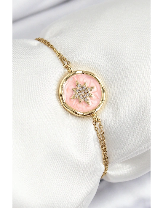 316L Çelik Zincir Pembe Mineli Sanatsal Portre Kuzey Yıldızı Model Gold Renk Kadın Bileklik