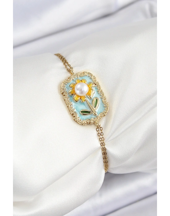 316L Çelik Zincir Turkuaz Mineli Sanatsal Portre İnci Detaylı Papatya Model Gold Renk Kadın Bileklik