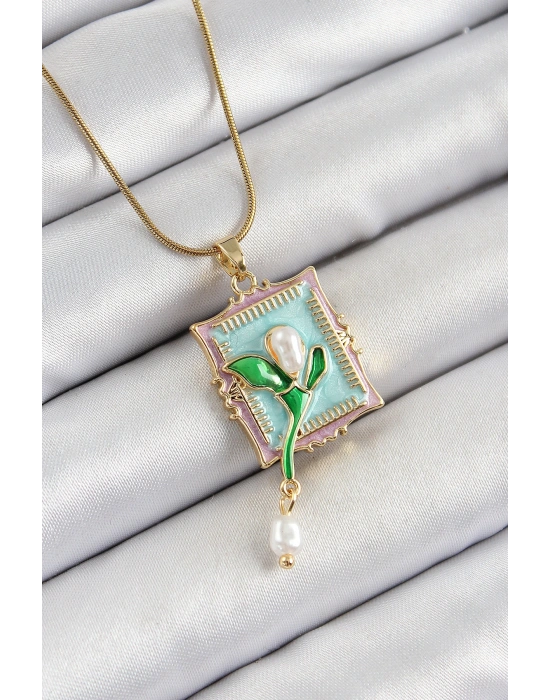 316L Çelik Zincir Turkuaz Sanatsal Portre Sallantılı İnci Detaylı Lale Model Gold Renk Kadın Kolye