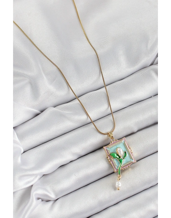 316L Çelik Zincir Turkuaz Sanatsal Portre Sallantılı İnci Detaylı Lale Model Gold Renk Kadın Kolye