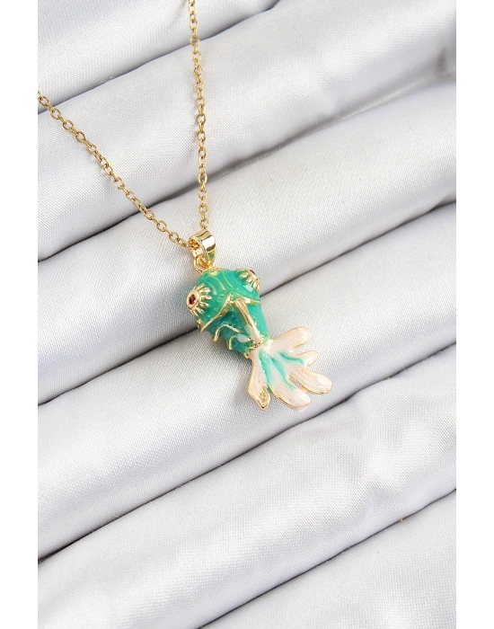 316L Çelik Zincir Yeşil Balık Model Gold Renk Kadın Kolye