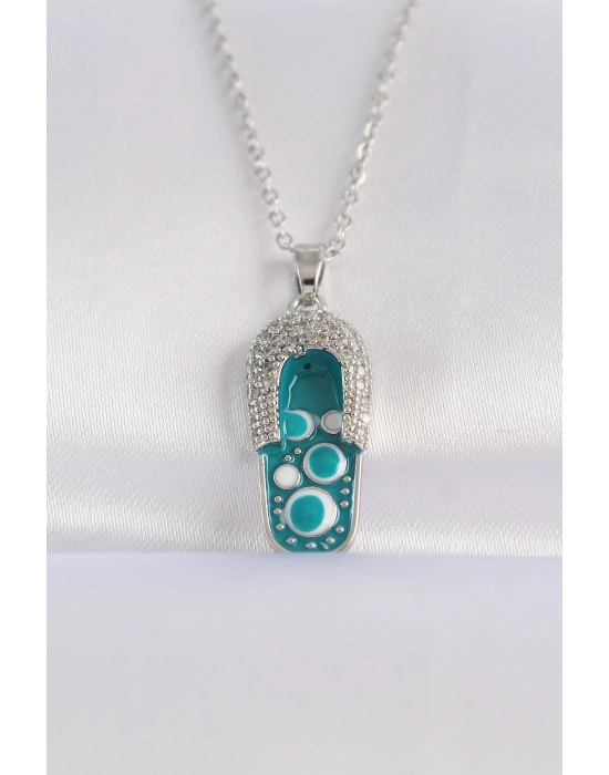 316L Çelik Zincir Zirkon Taşlı Gümüş Renk Nazarlı Terlik Tasarımlı Kolye