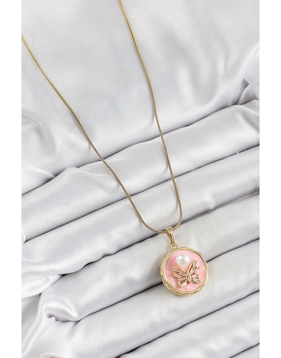 316L Çelik Zincir Zirkon Taşlı Pembe Sanatsal Portre İnci Detaylı Kelebek Model Gold Renk Kadın Kolye