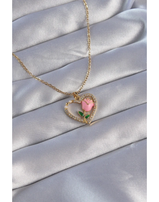316L Çelik Zincirli Gold Renk Zirkon Taşlı Kalp İçinde Pembe Gül Tasarımlı Kolye