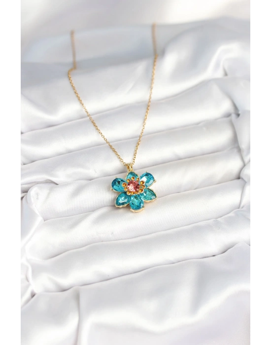 316L Çelik Zincirli Mavi Çiçek Model Kadın Kolye