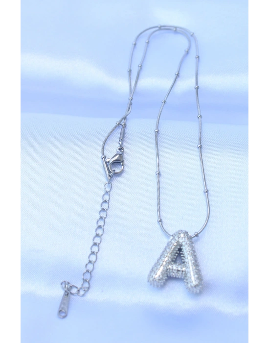 316L Çelik Zincirli Zirkon Taşlı A Harfli Gümüş Renk Bubble Kolye