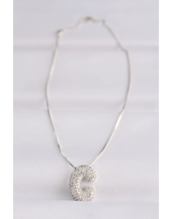 316L Çelik Zincirli Zirkon Taşlı C Harfli Silver Renk Bubble Kolye