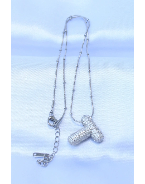 316L Çelik Zincirli Zirkon Taşlı T Harfli Gümüş Renk Bubble Kolye