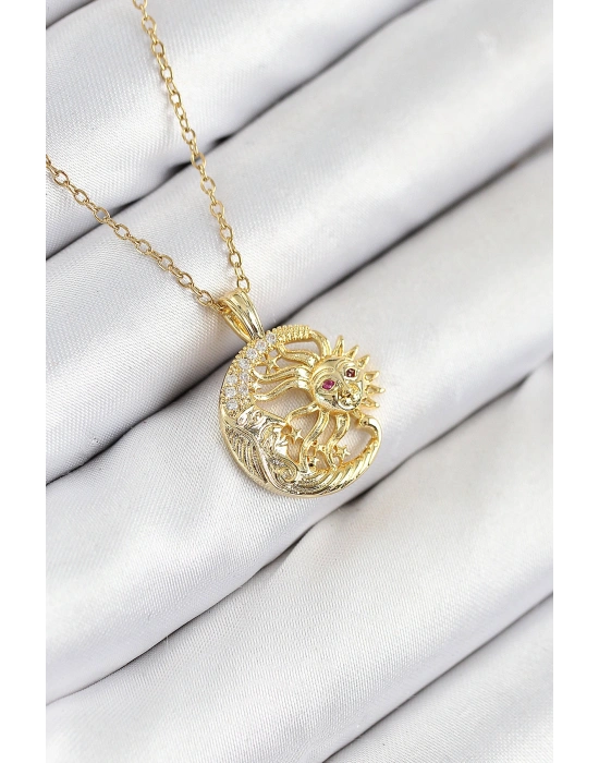 316L Çelik Zirkon Taşlı Ay Ve Güneş Model Gold Renk Kadın Kolye