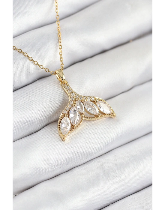 316L Çelik Zirkon Taşlı Balık Kuyruğu Model Gold Renk Kadın Kolye