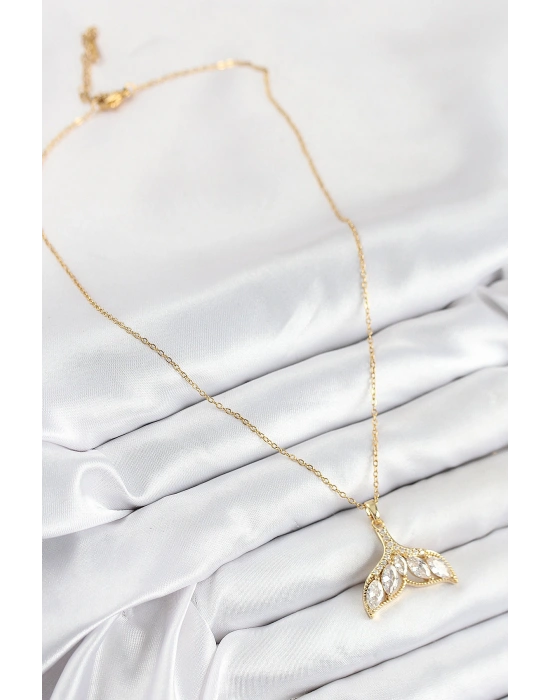 316L Çelik Zirkon Taşlı Balık Kuyruğu Model Gold Renk Kadın Kolye