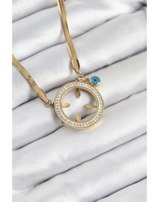 316L Çelik Zirkon Taşlı Çeyrek Takılabilir Gold Renk Kadın Kolye