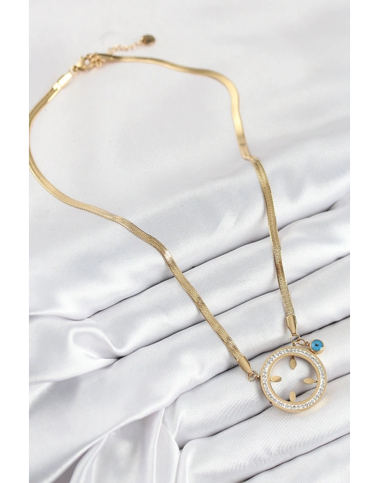 316L Çelik Zirkon Taşlı Çeyrek Takılabilir Gold Renk Kadın Kolye