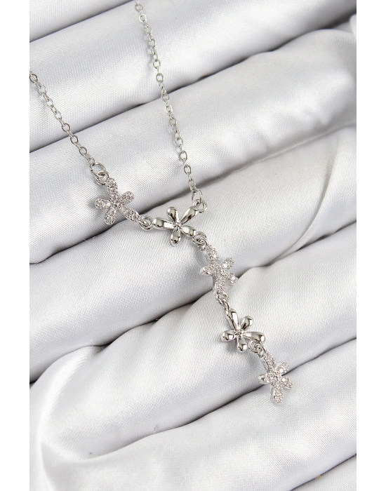 316L Çelik Zirkon Taşlı Çiçek Model Gümüş Renk Kadın Kolye