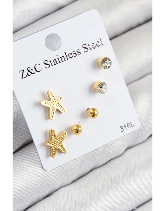 316L Çelik Zirkon Taşlı Deniz Yıldızı Model Gümüş Renk Kadın Set Küpe