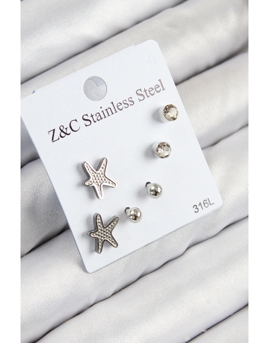 316L Çelik Zirkon Taşlı Deniz Yıldızı Model Gümüş Renk Kadın Set Küpe