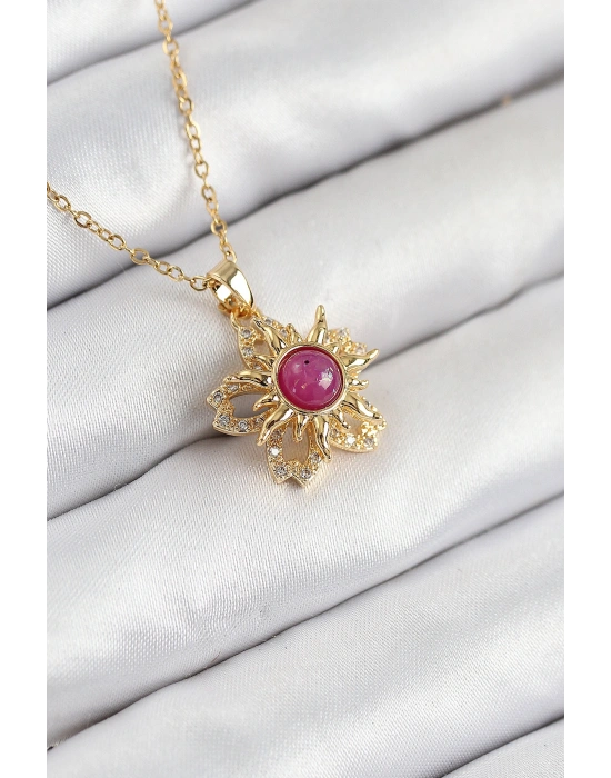 316L Çelik Zirkon Taşlı Döner Güneş Model Gold Renk Kadın Kolye