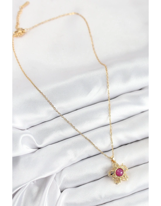 316L Çelik Zirkon Taşlı Döner Güneş Model Gold Renk Kadın Kolye