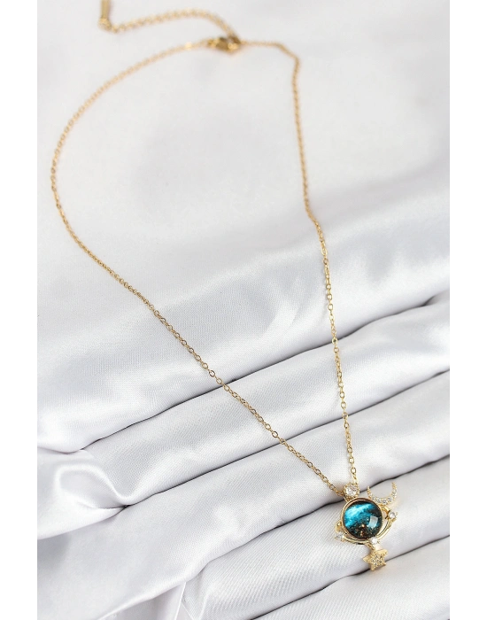 316L Çelik Zirkon Taşlı Gezegen Model Gold Renk Kadın Kolye