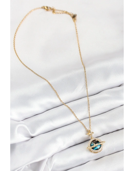 316L Çelik Zirkon Taşlı Gezegen Model Gold Renk Kadın Kolye