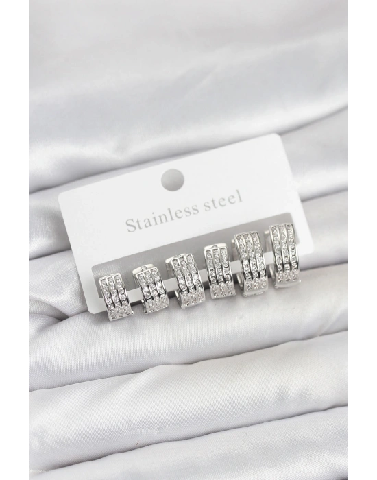 316L Çelik Zirkon Taşlı Gümüş Renk Halka Küpe Seti