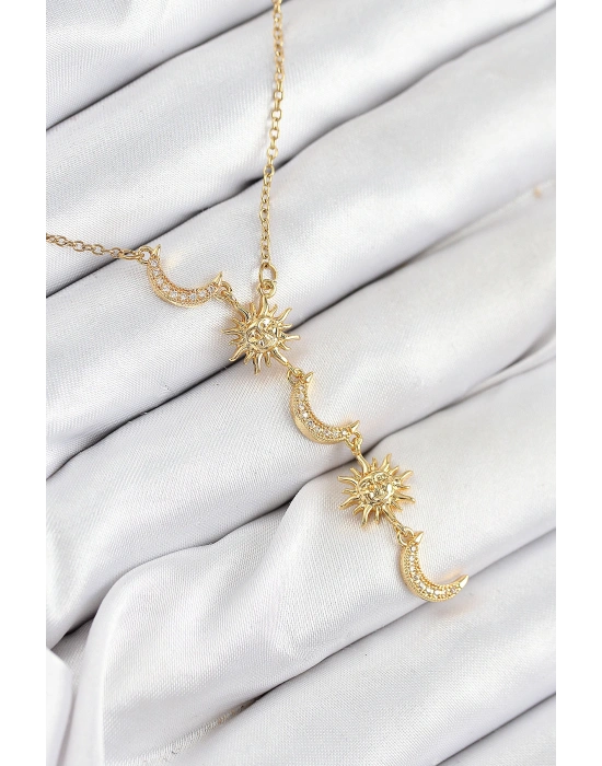 316L Çelik Zirkon Taşlı Güneş Ve Ay Model Gold Renk Kadın Kolye