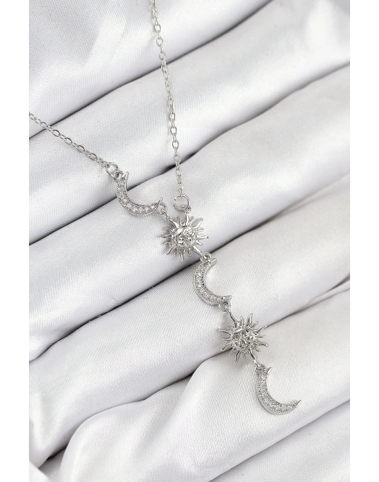316L Çelik Zirkon Taşlı Güneş Ve Ay Model Gümüş Renk Kadın Kolye