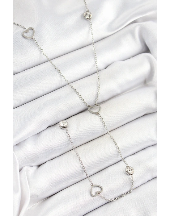 316L Çelik Zirkon Taşlı Kalp Figürlü Y Model Gümüş Renk Kadın Kolye