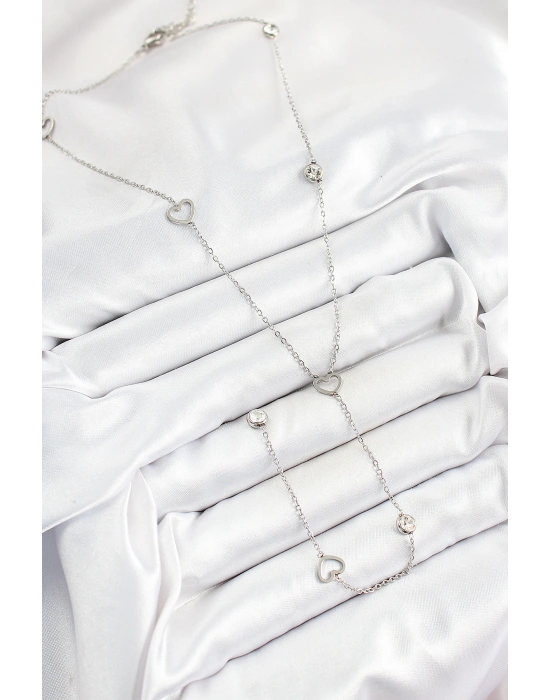 316L Çelik Zirkon Taşlı Kalp Figürlü Y Model Gümüş Renk Kadın Kolye