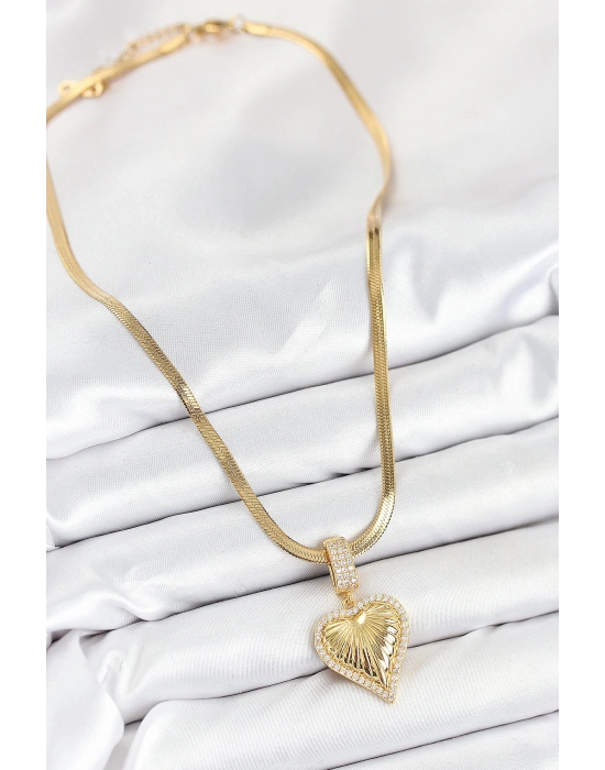 316L Çelik Zirkon Taşlı Kalp Model Gold Renk Kadın Kolye