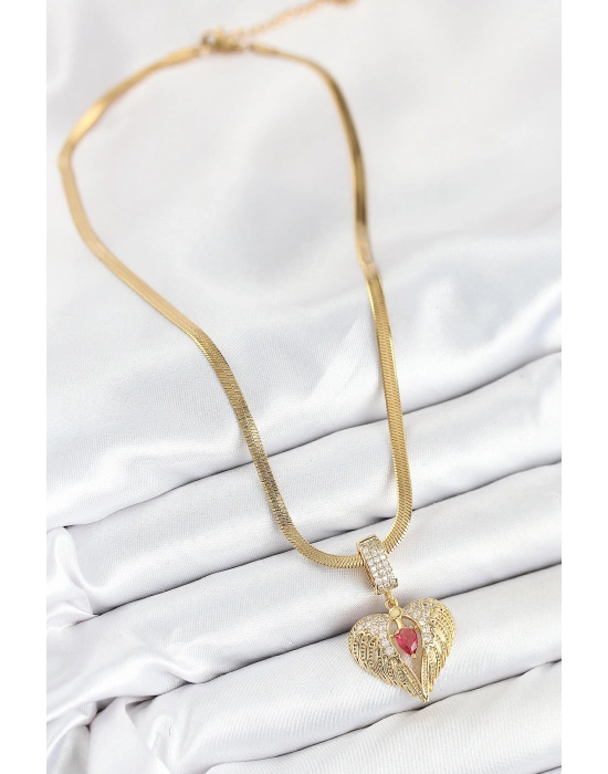 316L Çelik Zirkon Taşlı Kanatlı Kalp Model Gold Renk Kadın Kolye