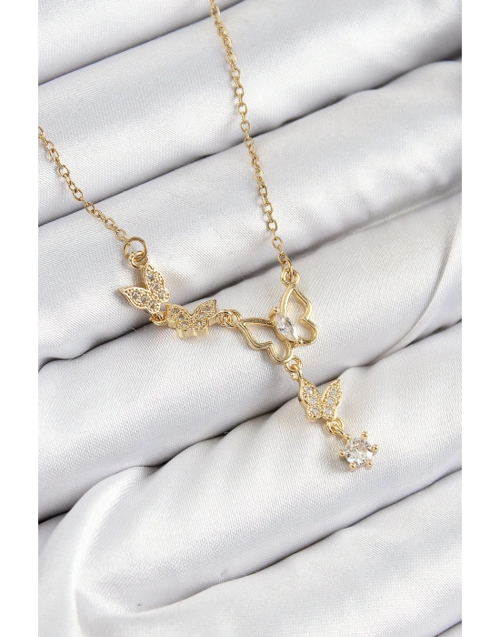 316L Çelik Zirkon Taşlı Kelebek Model Gold Renk Kadın Kolye