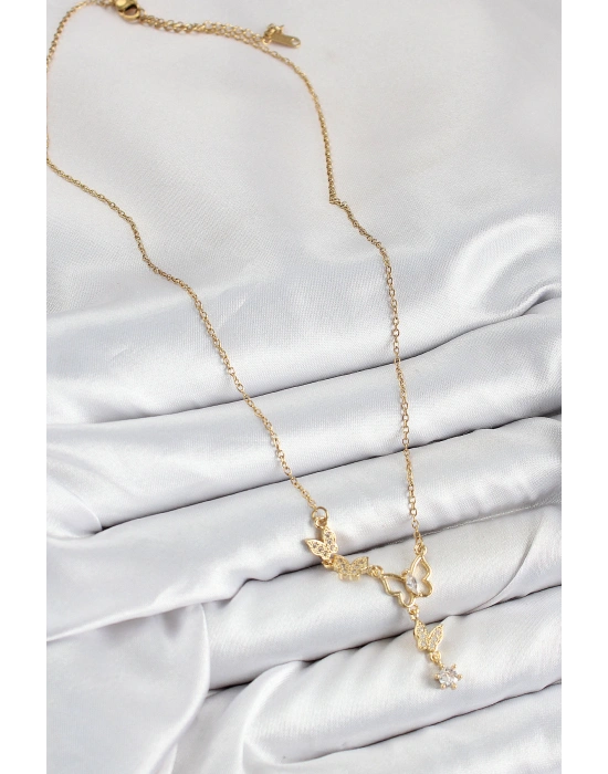 316L Çelik Zirkon Taşlı Kelebek Model Gold Renk Kadın Kolye