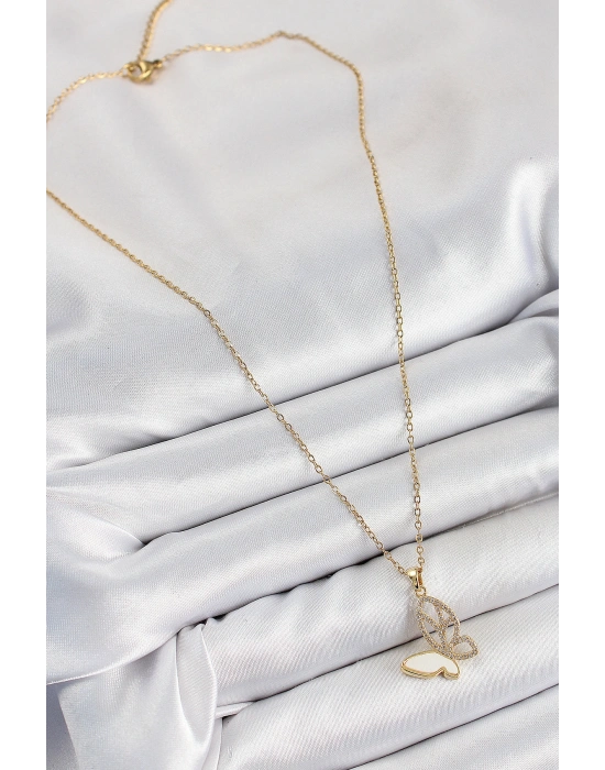 316L Çelik Zirkon Taşlı Kelebek Model Gold Renk Kadın Kolye