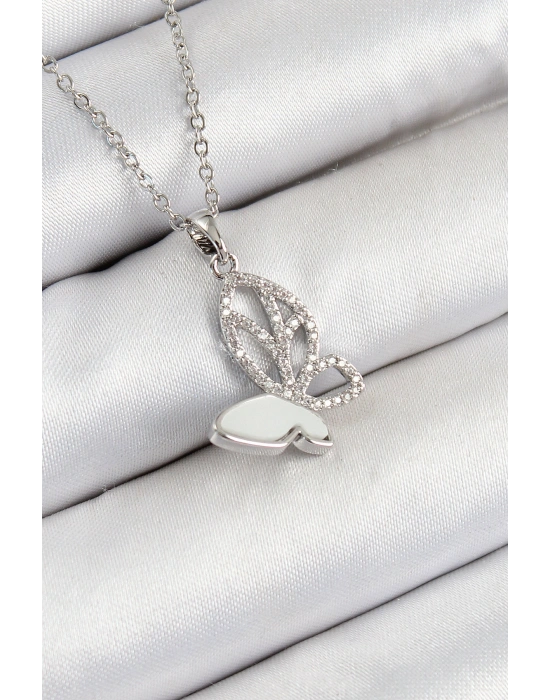 316L Çelik Zirkon Taşlı Kelebek Model Gümüş Renk Kadın Kolye