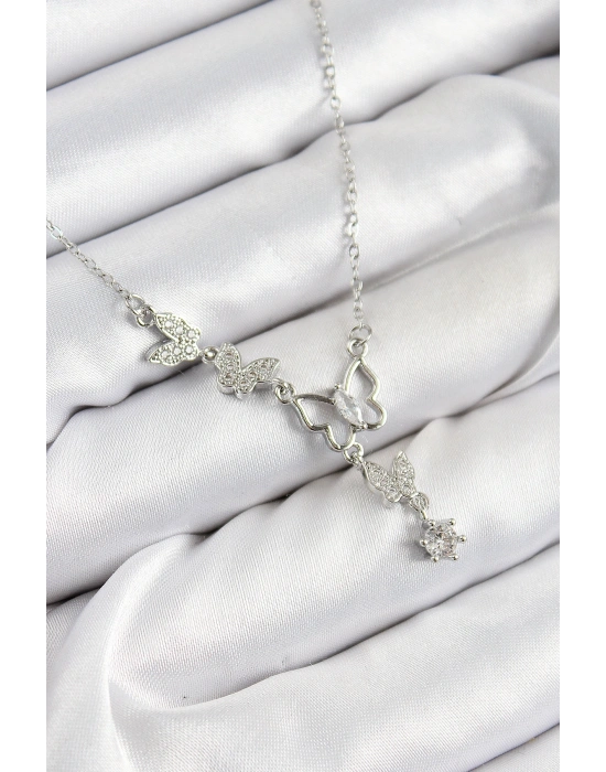 316L Çelik Zirkon Taşlı Kelebek Model Gümüş Renk Kadın Kolye