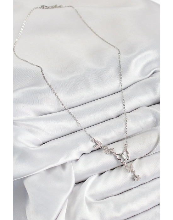 316L Çelik Zirkon Taşlı Kelebek Model Gümüş Renk Kadın Kolye