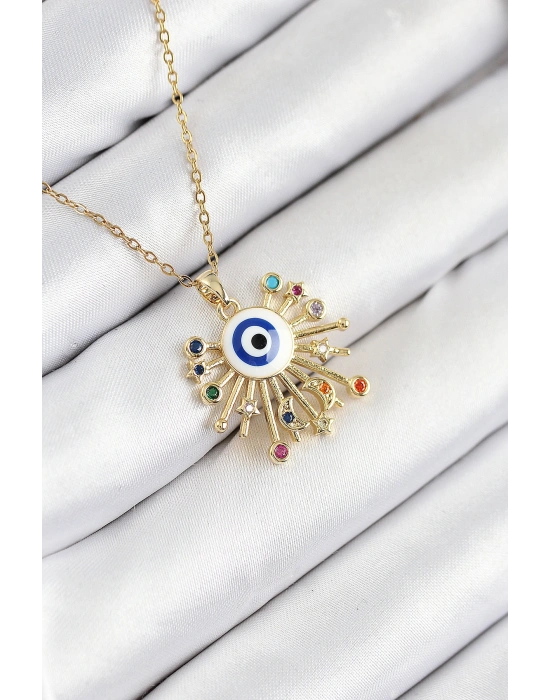 316L Çelik Zirkon Taşlı Nazar Model Gold Renk Kadın Kolye