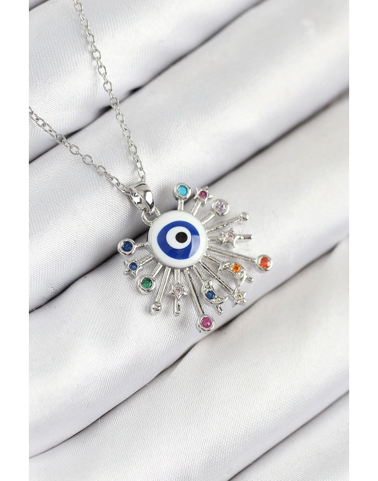 316L Çelik Zirkon Taşlı Nazar Model Gümüş Renk Kadın Kolye