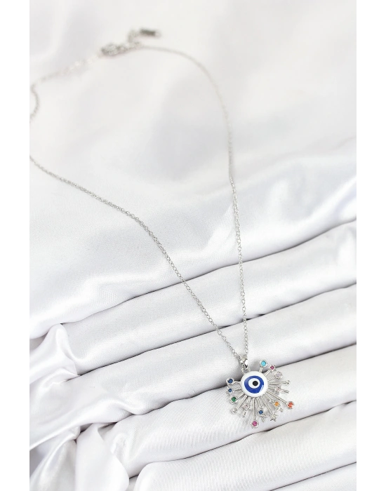 316L Çelik Zirkon Taşlı Nazar Model Gümüş Renk Kadın Kolye