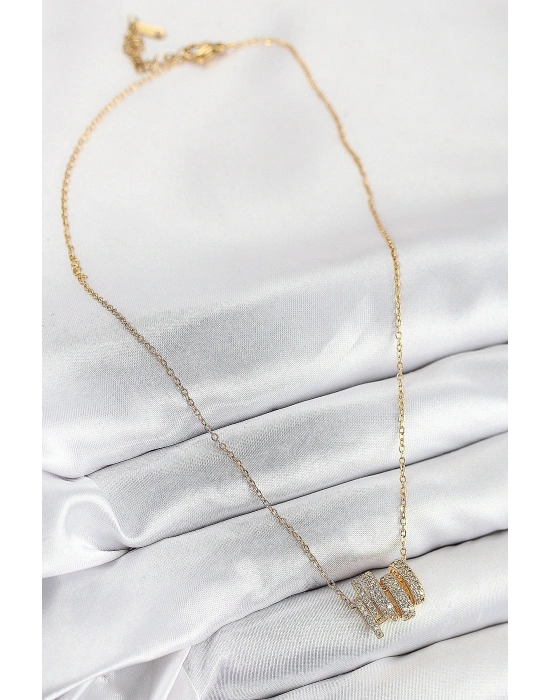 316L Çelik Zirkon Taşlı Sarmal Model Gold Renk Kadın Kolye