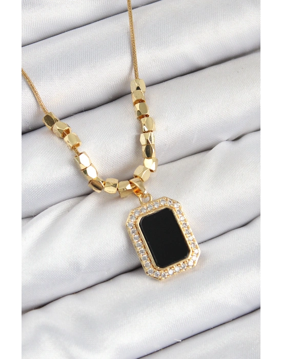 316L Çelik Zirkon Taşlı Siyah Baget Model Gold Renk Kadın Kolye