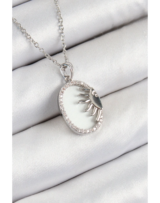 316L Çelik Zirkon Taşlı Yarım Güneş Model Gümüş Renk Kadın Kolye