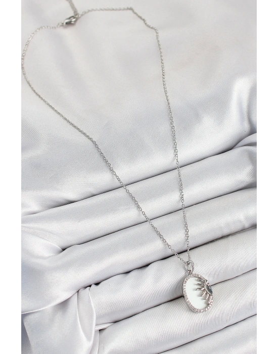 316L Çelik Zirkon Taşlı Yarım Güneş Model Gümüş Renk Kadın Kolye