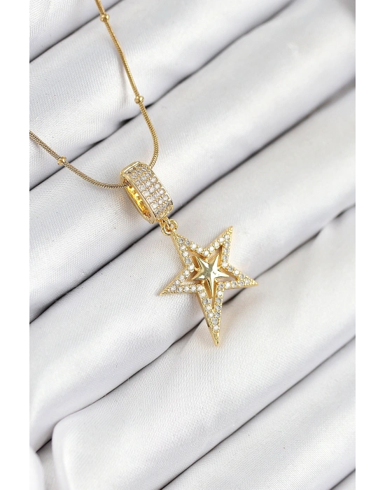 316L Çelik Zirkon Taşlı Yıldız Model Gold Renk Kadın Kolye