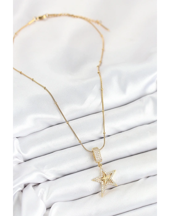 316L Çelik Zirkon Taşlı Yıldız Model Gold Renk Kadın Kolye
