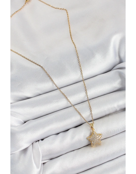 316L Çelik Zirkon Taşlı Yıldız Model Gold Renk Kadın Kolye
