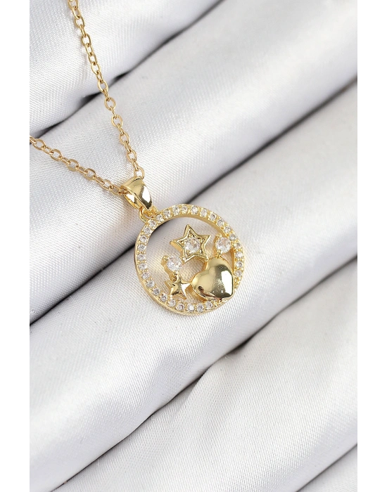 316L Çelik Zirkon Taşlı Yıldız Ve Kalp Model Gold Renk Kadın Kolye