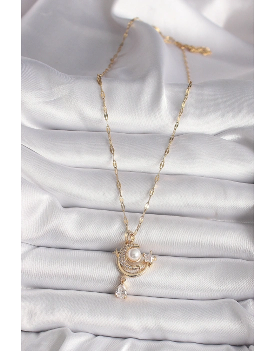 316L Gold Renk Zirkon Taşlı Ay Yıldız Model Sallantı Detay Kadın Kolye